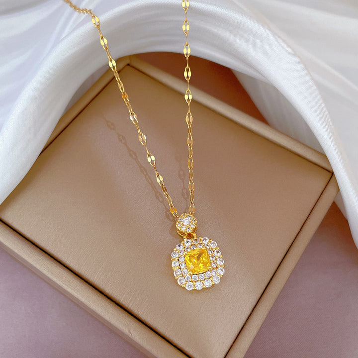 Square‑Cut Double‑Layer Halo Pendant Choker Necklace, Two‑Color Options