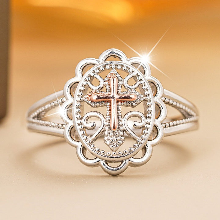 Vintage Lace‑Style Hollow Two‑Tone Cross Women’s Ring