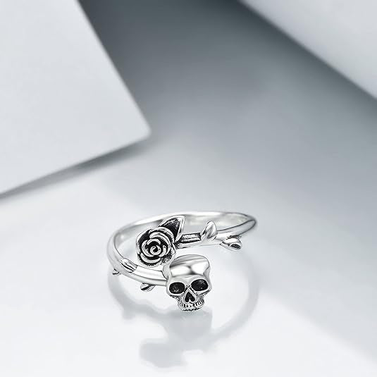 Vintage Skull Rose Open Ring, Gothic Punk Adjustable Unisex Statement Ring for Men & Women