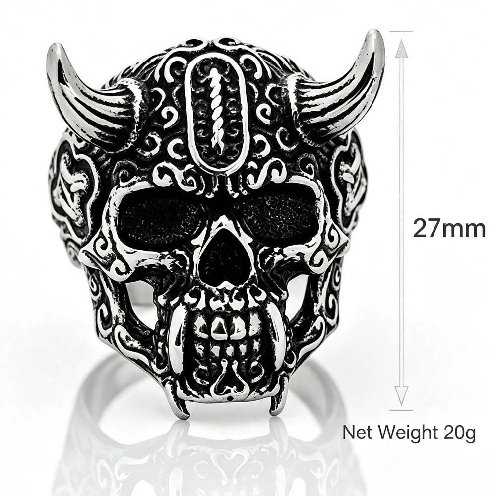 Horned Tusk Carved Skull Ring, S925 Silver Antiqued Viking Gothic Dark Statement Band For Men