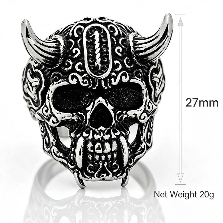 Horned Tusk Carved Skull Ring, S925 Silver Antiqued Viking Gothic Dark Statement Band For Men