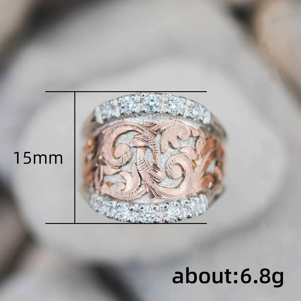 Two-Tone Vintage Scroll Wide S925 Silver Ring, European Embossed Diamond Paved Royal Statement Ring