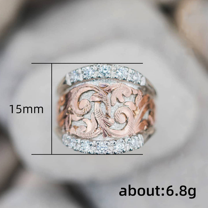Two-Tone Vintage Scroll Wide S925 Silver Ring, European Embossed Diamond Paved Royal Statement Ring