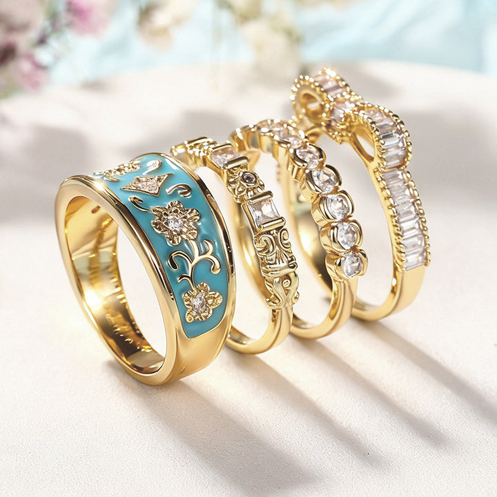 French Enamel Floral Pave Diamond 4-Piece Stackable Ring Set, Solid S925 Silver Gold Tone Vintage Palace Band Set