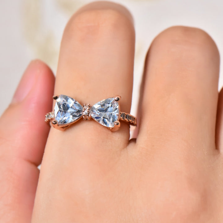 Triangle Stone Bow Pave Ring, Multi-Color Gem Silver/Rose Gold Luxury Feminine Band