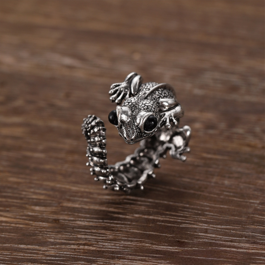 3D Chameleon Adjustable Open Ring, S925 Silver Gold-Plated & Antiqued Silver Forest Animal Unisex Band