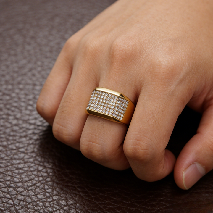 Hip-Hop Square Pavé Ring (Street Style Unisex Statement Band)