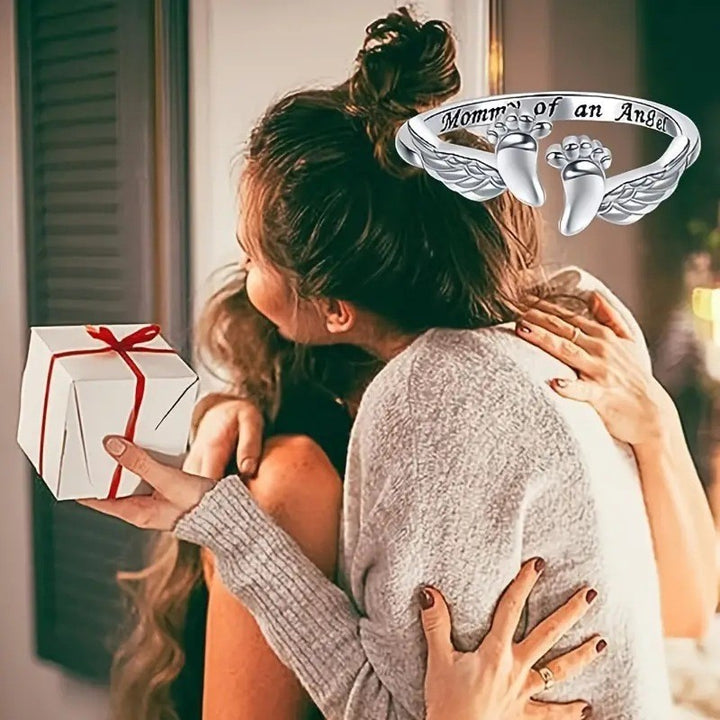 Mommy of an Angel Baby Footprint Wing Open Ring, S925 Silver Remembrance Memorial Band For Women