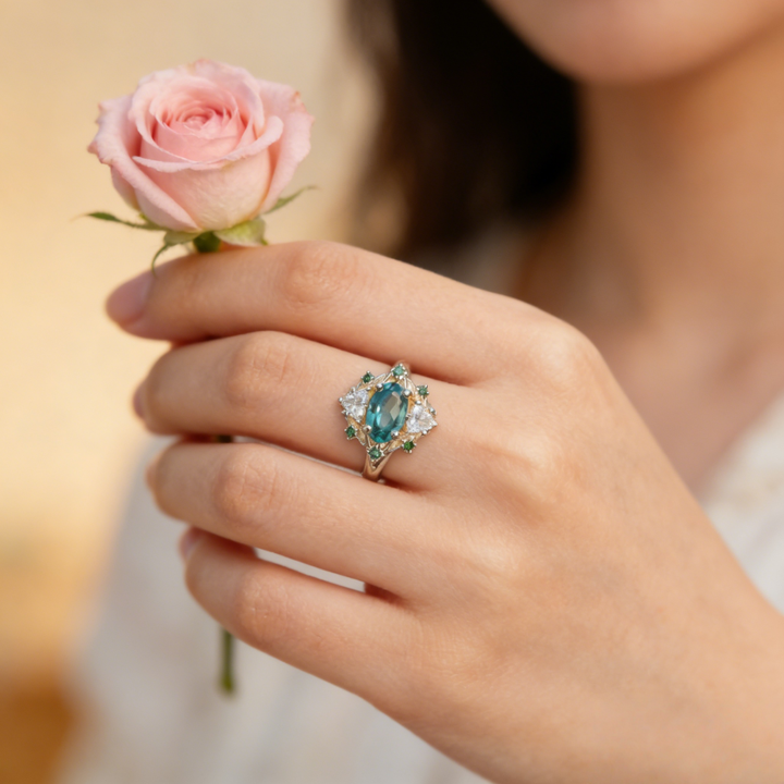 Two-Tone Gold Teal Diamond Forest-Style Ring (Vintage Luxury Engagement Band)