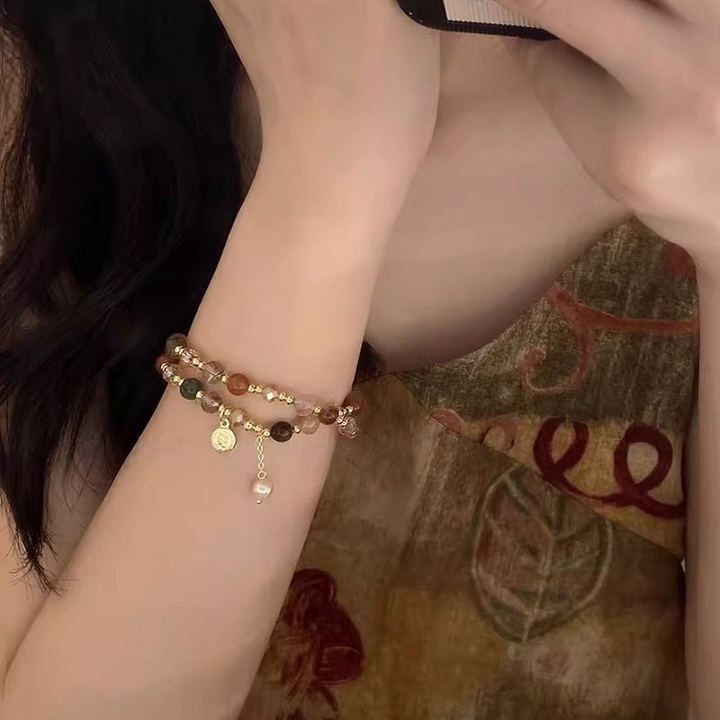 Vintage Mixed Rutilated Quartz Double Beaded Bracelet with Coin Charm