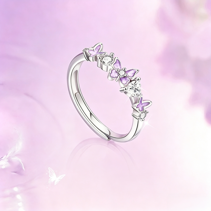Purple‑Tone Butterfly Couple Open Ring Set