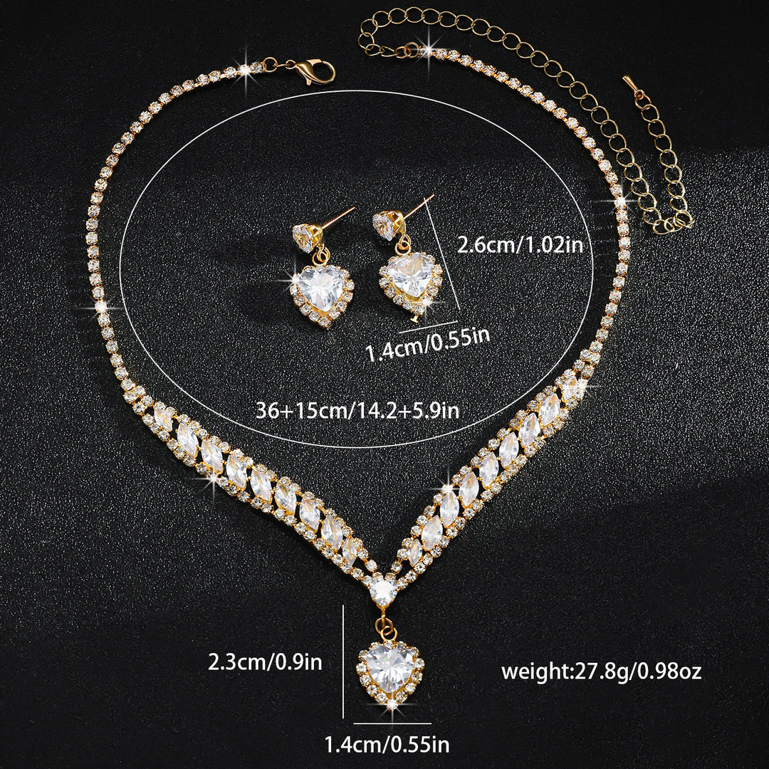 S925 Silver Heart Diamond Necklace & Earring Set, V-shaped Rhinestone Jewelry 2-Piece Set for Wedding & Banquet, Gold & Silver Two Tones