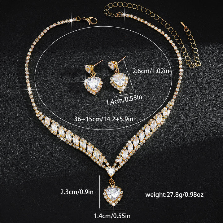 S925 Silver Heart Diamond Necklace & Earring Set, V-shaped Rhinestone Jewelry 2-Piece Set for Wedding & Banquet, Gold & Silver Two Tones