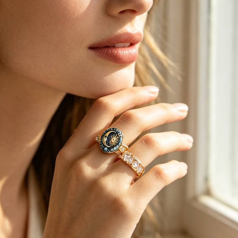 Vintage Sun‑Moon Star Enamel Oval Ring