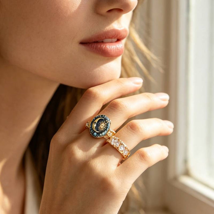 Vintage Sun‑Moon Star Enamel Oval Ring