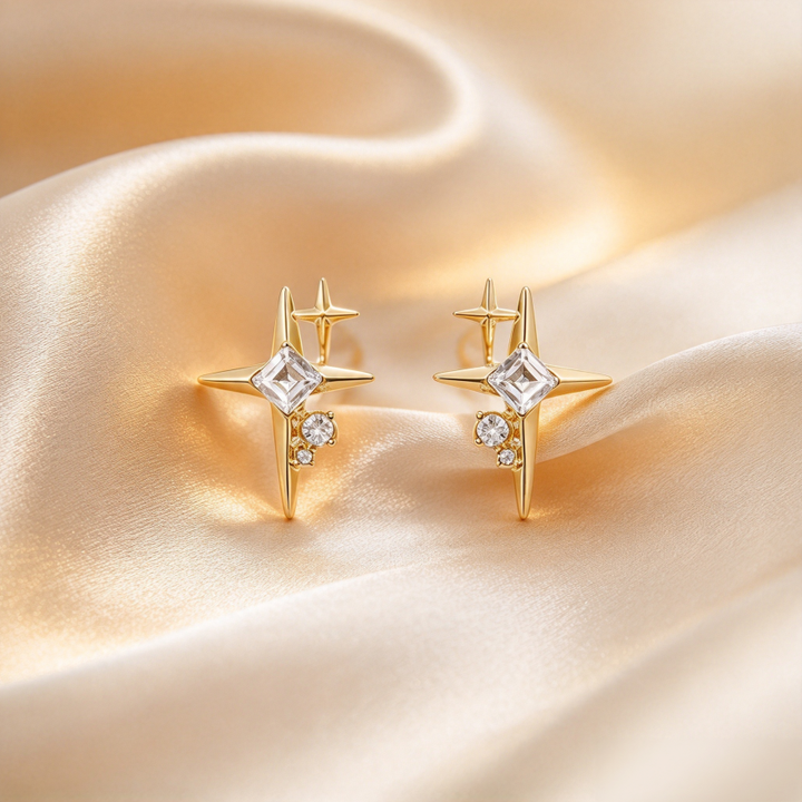 Double Star Burst S925 Silver Stud Earrings, Square Diamond Sparkling Star Earrings, Luxury Elegant Earrings for Women, Gold / Silver Two Colors Available