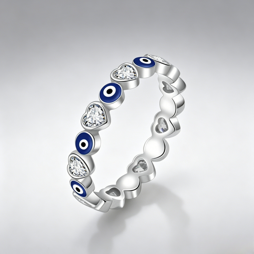 Evil Eye & Heart diamond Eternity Band Ring (2 Colors Delicate Statement Ring)
