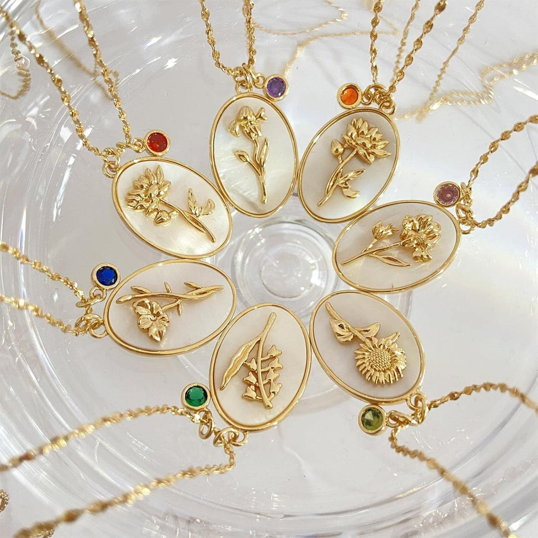 Mother-of-Pearl Carnation Birthstone Necklace (Gentle Gold Tone Pendant)