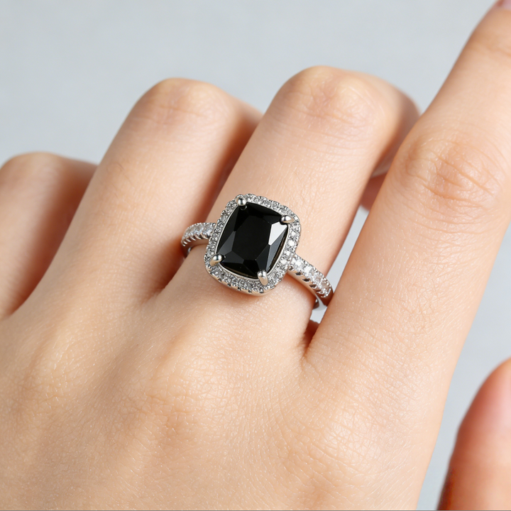 Black Cushion Cut Halo Ring (Light Luxury Niche Edgy Band)