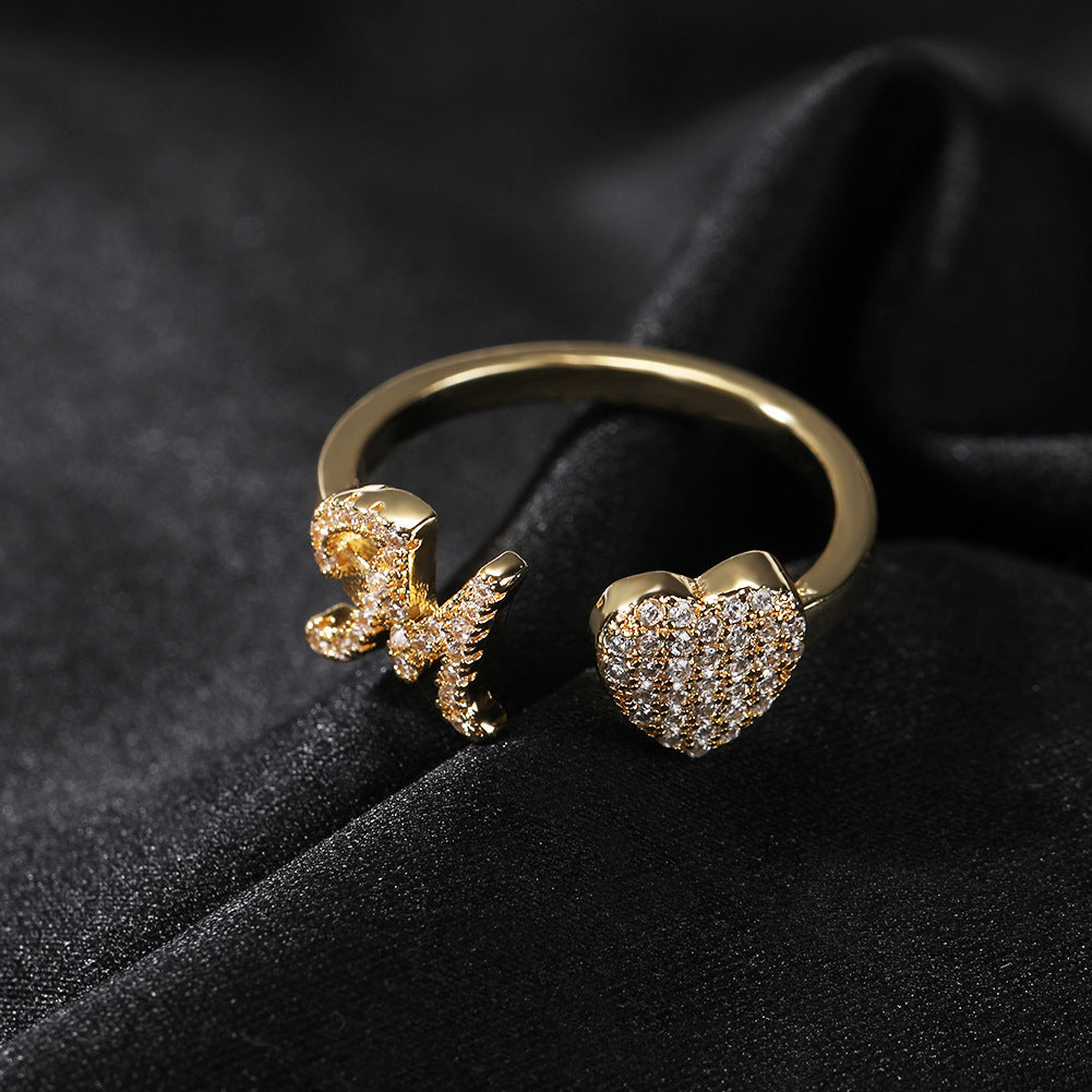 26 Letter Heart S925 Silver Open Ring, Paved Diamond Adjustable Letter Heart Band Available in 3 Tones