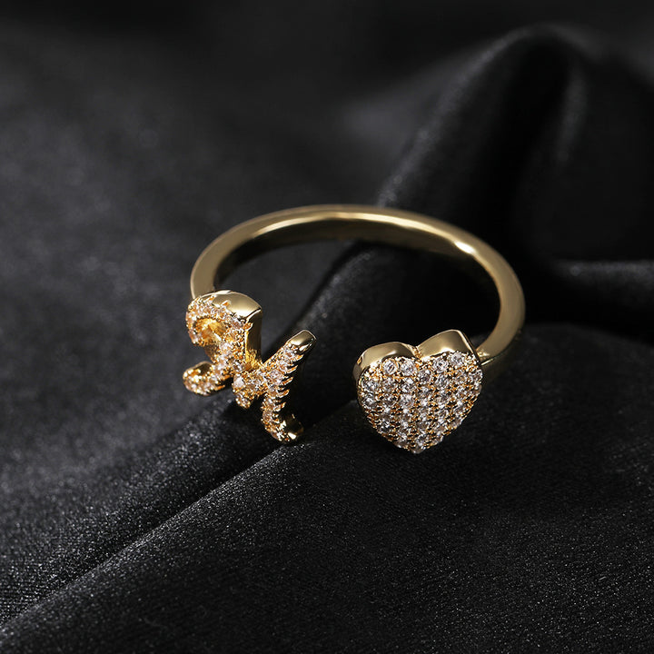 26 Letter Heart S925 Silver Open Ring, Paved Diamond Adjustable Letter Heart Band Available in 3 Tones