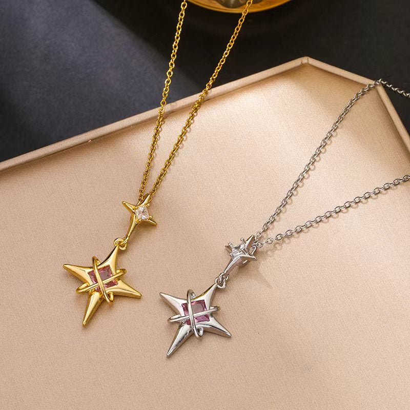 Pink Diamond Double Star Pendant Necklace, Unique North Star Collarbone Chain, Gold & Silver Tone Available
