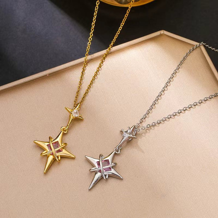 Pink Diamond Double Star Pendant Necklace, Unique North Star Collarbone Chain, Gold & Silver Tone Available