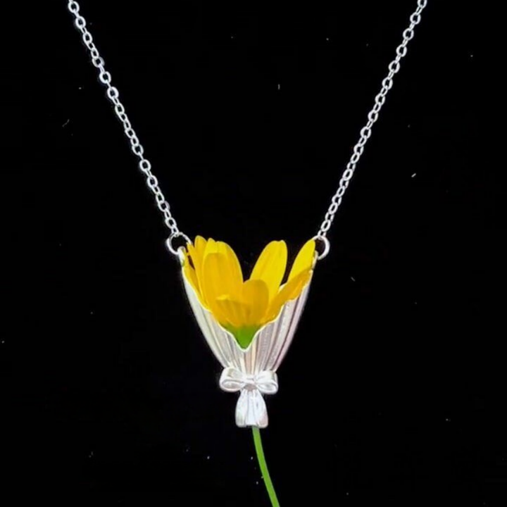 Bow Bouquet Pendant Necklace, Dainty Locket For Fresh & Dried Flowers, Gold & Silver Two-Tone Romantic Art Collarbone Chain