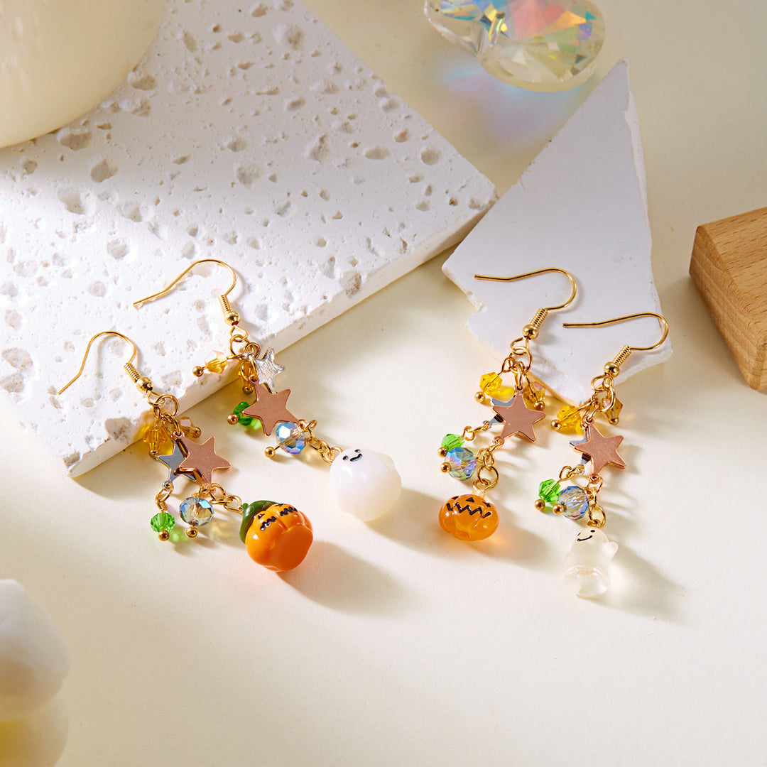 Halloween Asymmetric Pumpkin & Ghost Long Hook Earrings, Colorful Beaded Star Fun S925 Silver Earrings