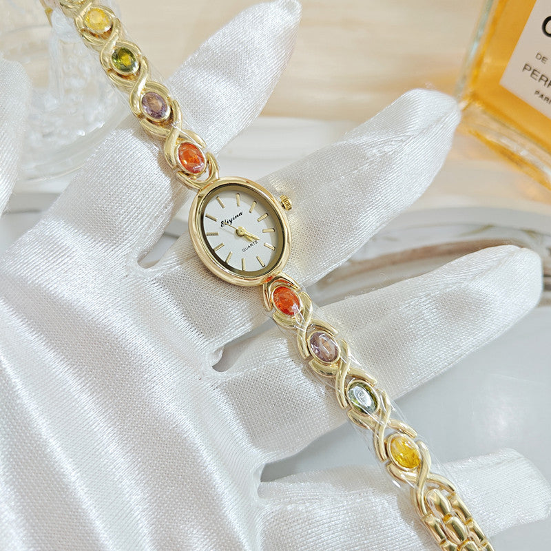 Oval Dial Colored Gemstone Bracelet Style Quartz Watch (Luxury Elegant Women's Wristwatch)