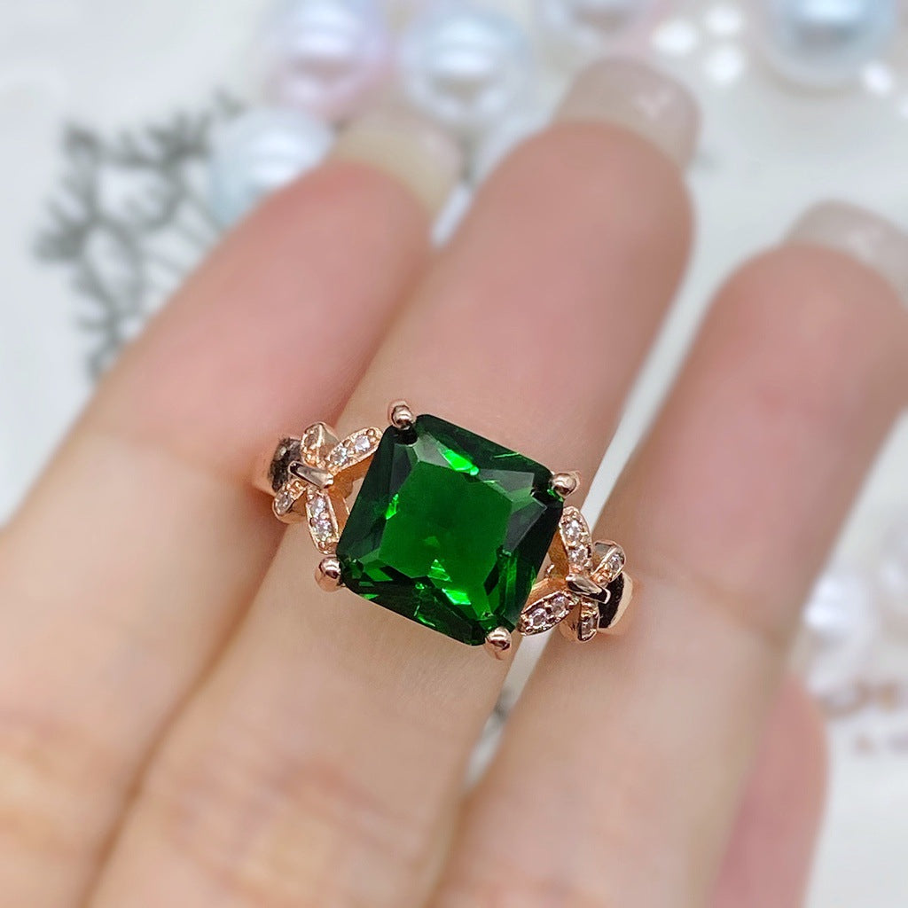 Square Green Main‑Diamond Butterfly Accent Rose‑Gold Ring