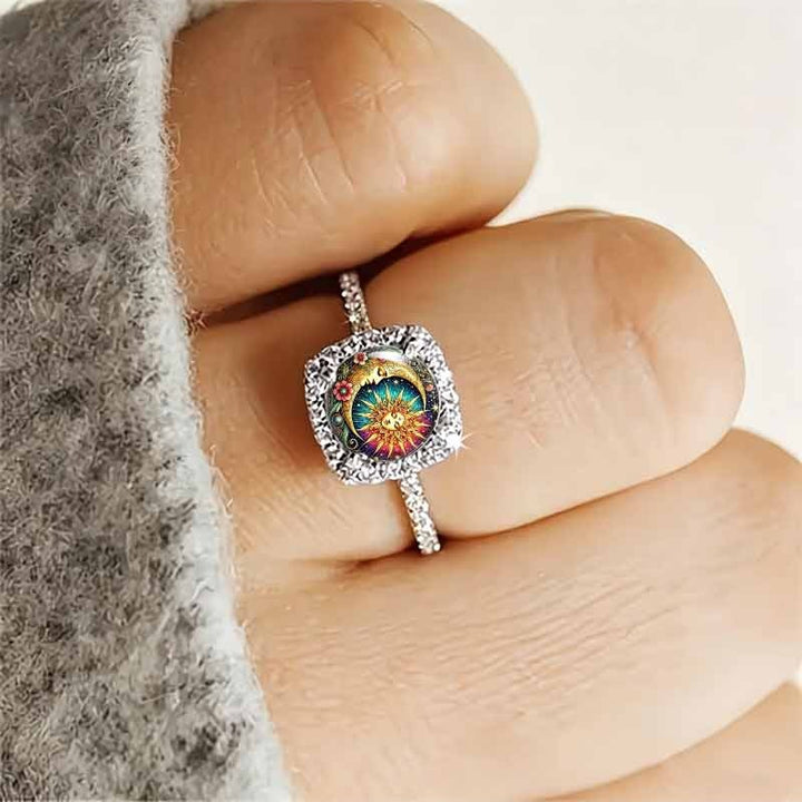 Sun & Moon Face Printed Square Halo Ring