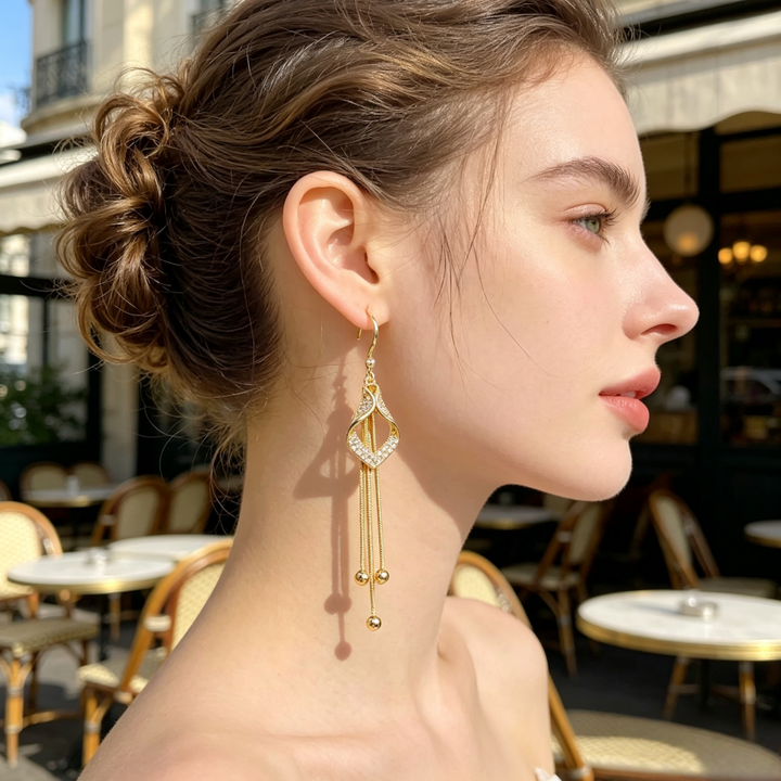 Luxury Hollow Paved Crystal Teardrop Tassel Hook Earrings, Long Snake Chain Bead Dangle Slimming Jewelry for Women