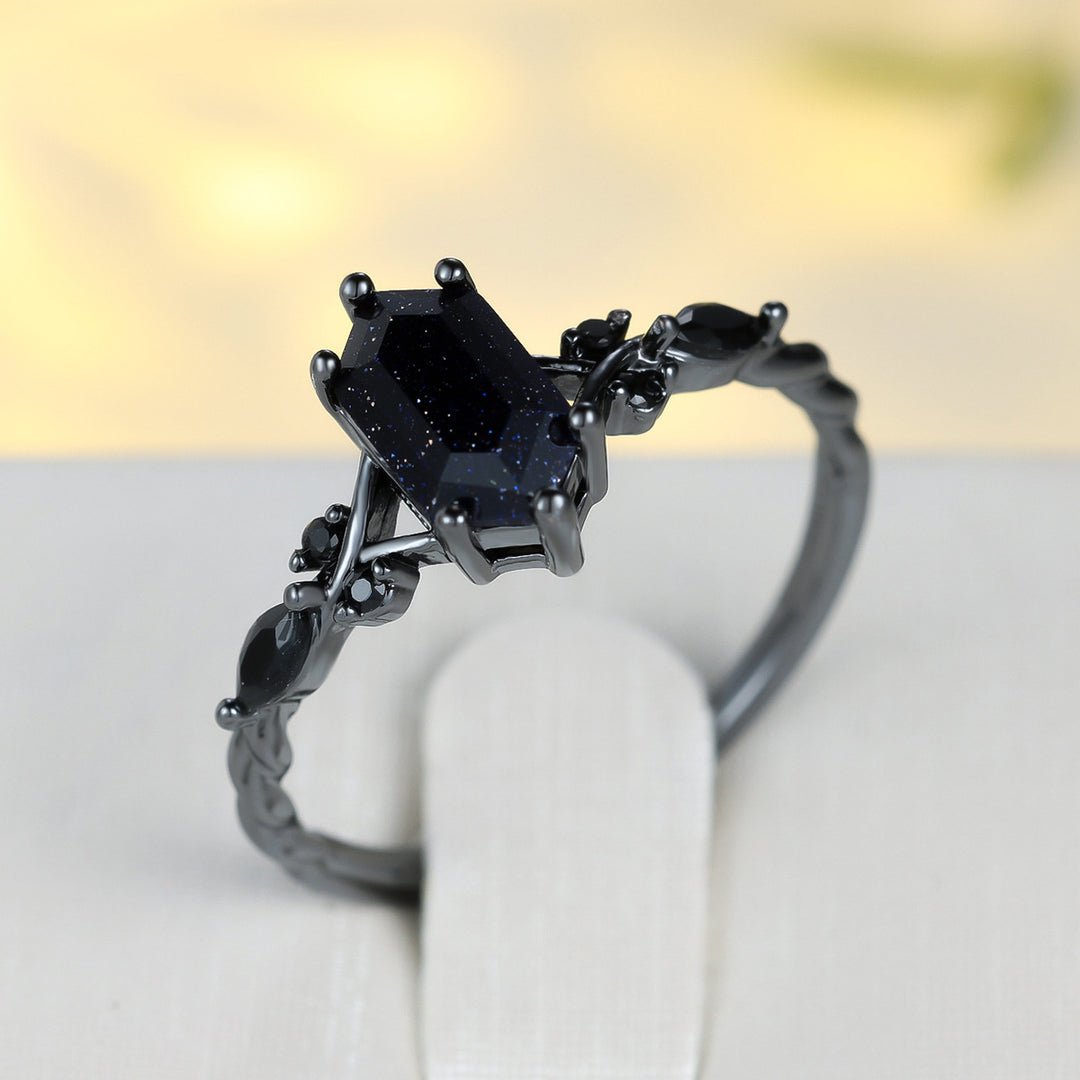 Black Gold Blue Sandstone Vine Ring (Gothic Edgy Statement Band)