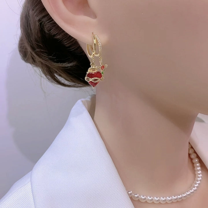 Red Heart Cross Diamond Hoop Earrings, Vintage Red Heart Long Dangle Earrings, Gold Luxury Earrings