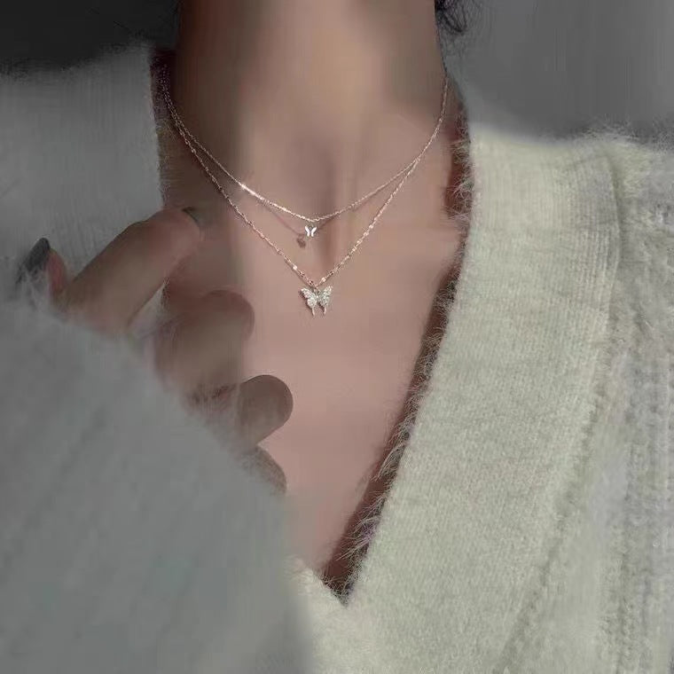 Double Layer Stacked Big & Small Butterfly Necklace, Pavé Butterfly Two-Tier Collarbone Chain, Silver Stacking Jewelry