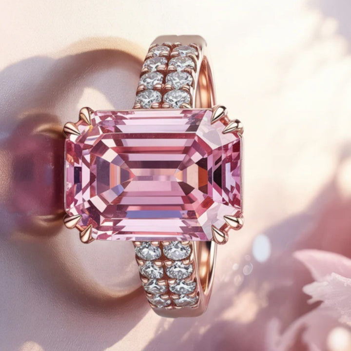 Emerald Cut Pink Diamond Double Shank Ring, Rose Gold Luxury Engagement Ring For Women