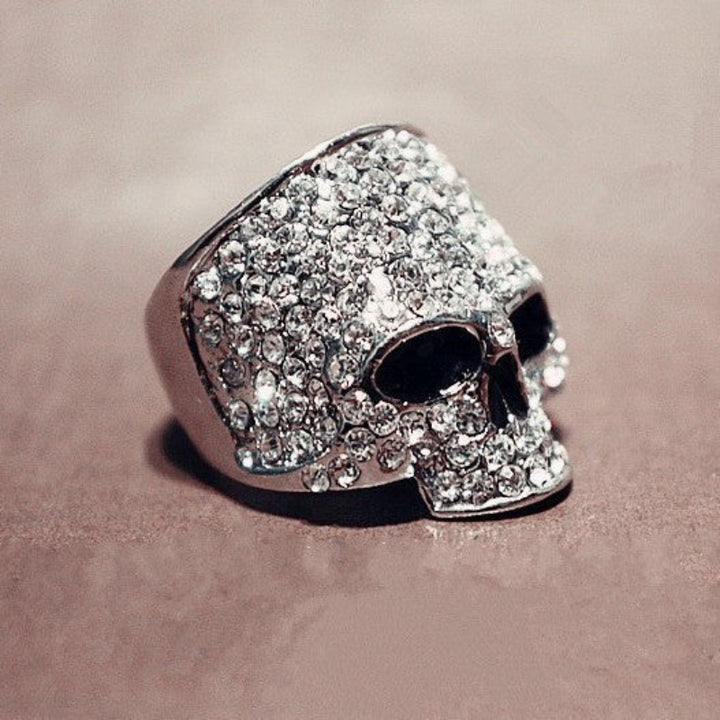 Full Paved Skull S925 Silver Ring, Dark Punk Style 3D Diamond Inlaid Band, Gold Silver Black Three Tones Halloween Statement Ring