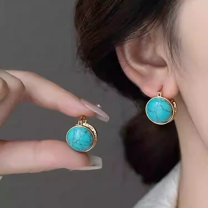 Vintage Veined Turquoise Gold Bezel Hoop Earrings, Two Style Round Cracked Stone Light Luxury Jewelry