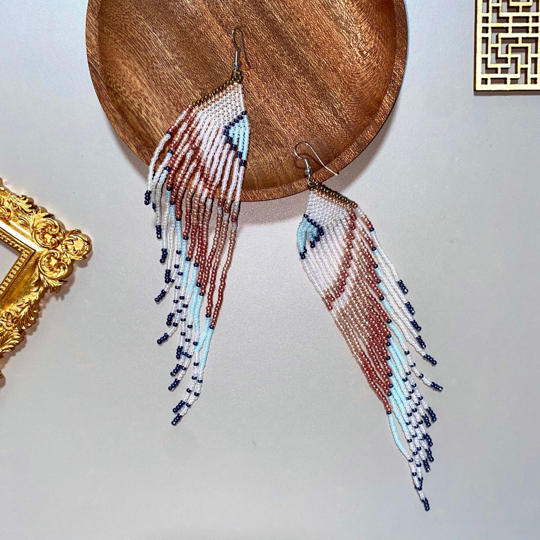 Boho Handmade Seed Bead Tassel Earrings, Ethnic Color Block Triangle Long Dangle Beaded Hook Earrings for Vacation