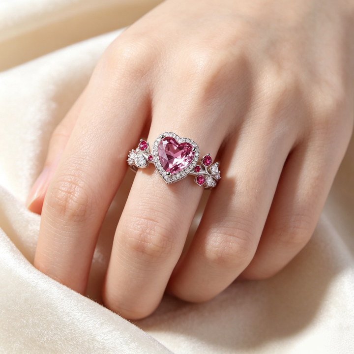 Heart‑Shaped Pink Gemstone Leaf‑Branch Diamond S925 Sterling Silver Ring
