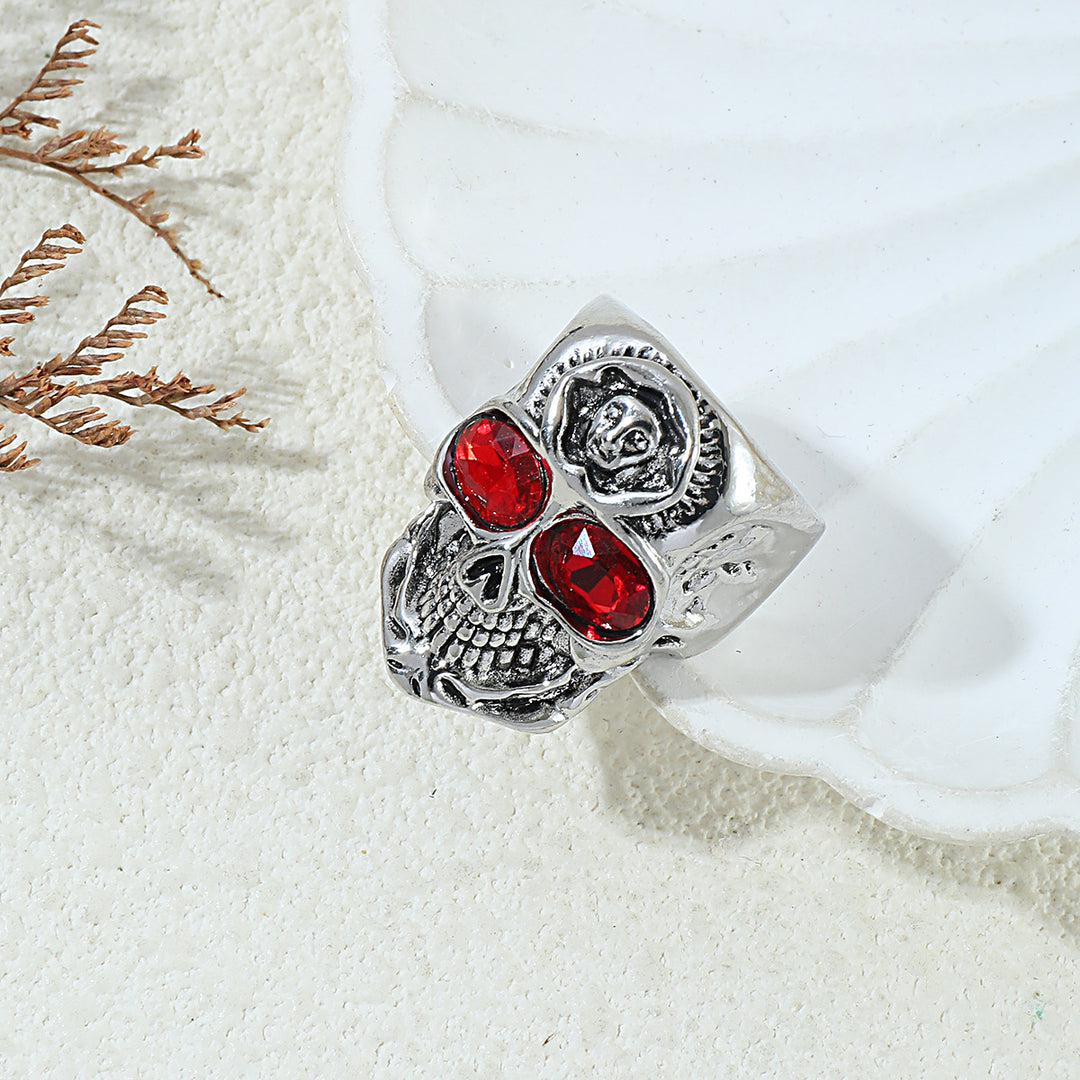 Red Gem Eye 3D Skull Embossed Ring, S925 Silver Antiqued Dark Biker Wide Band For Men