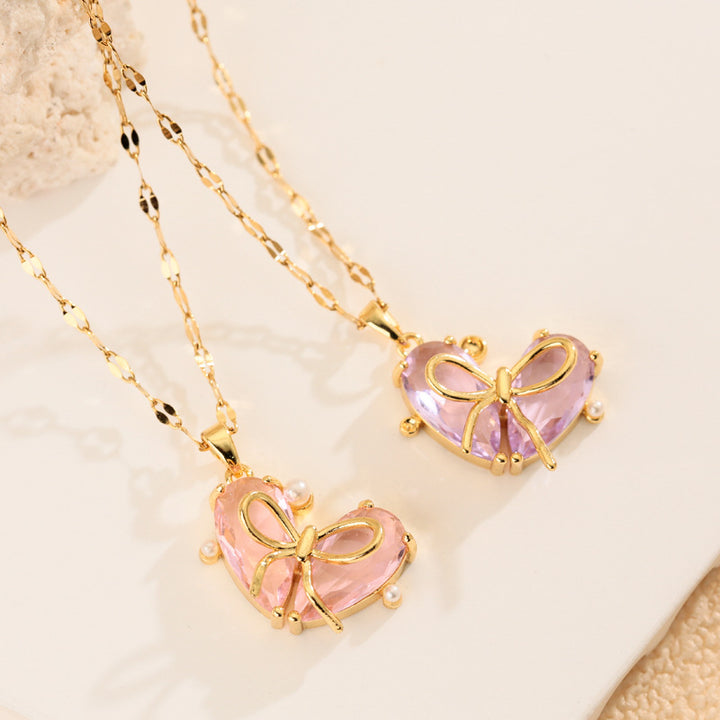 Bow‑Knot Heart Gem Pendant Necklace, 3‑Color Options