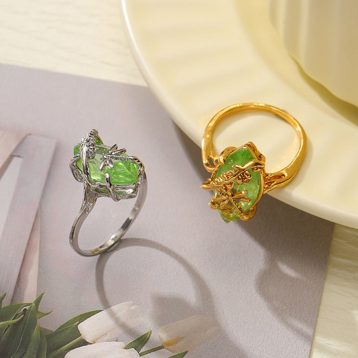 Twisted‑Leaf Irregular Green Gem Ring, Two‑Tone Options