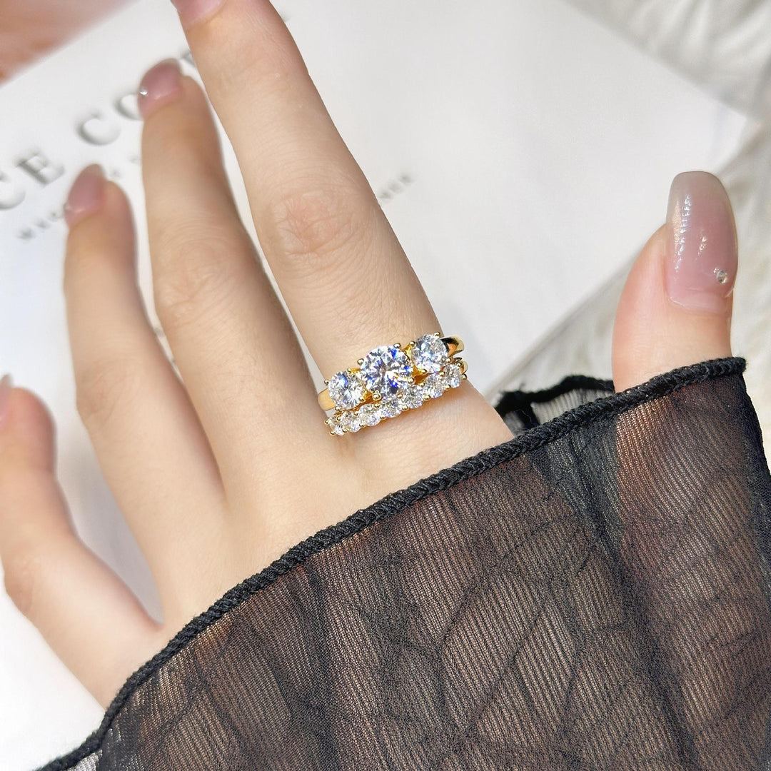 Classic Three Diamond Ring Set, 3-Stone Engagement Ring & Half Eternity Band Gold Silver Stackable Bridal Wedding Rings