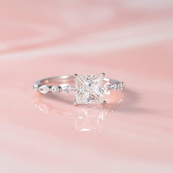 Princess Cut Four-Prong Diamond Ring, Marquise Accent Stone Slim Shank Luxury Engagement Ring for Women