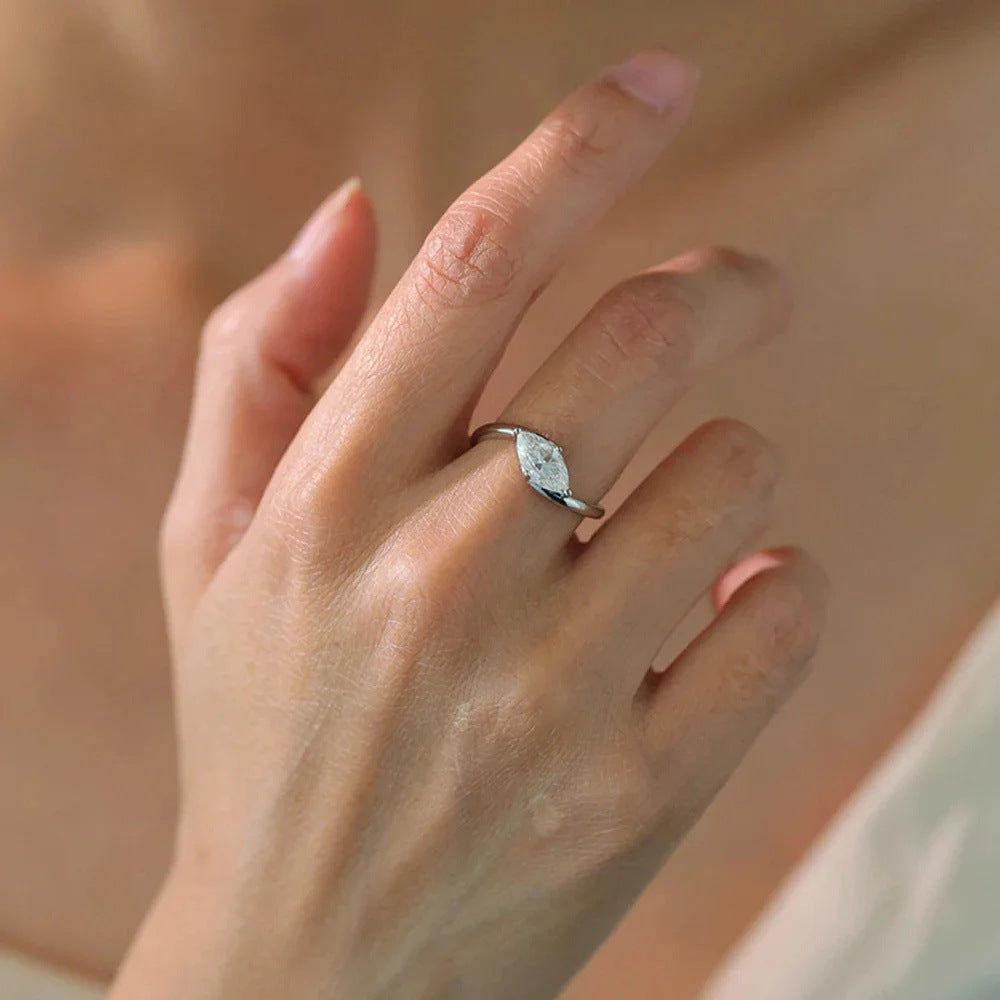 Twist Shank Marquise Stone Four-Prong Ring, Gold & Silver Minimalist Engagement Promise Band