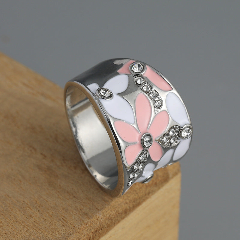 Two‑Tone Enamel Floral Wide Band Ring, Two Colors Available