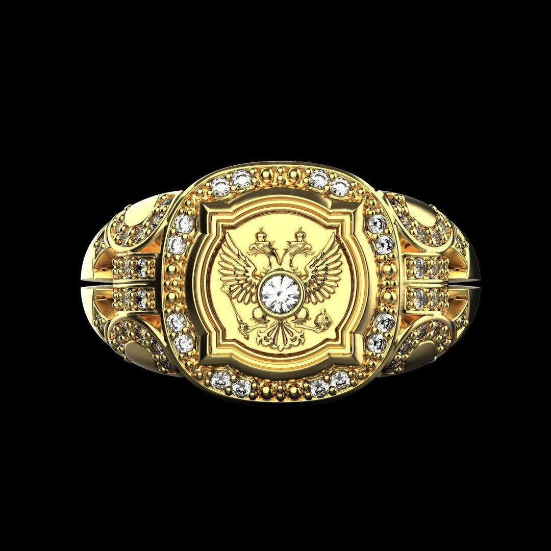 Double-Headed Eagle Embossed Pave Diamond Heavy Gold Men’s Ring, Solid S925 Silver Vintage Royal Crest Wide Statement Band