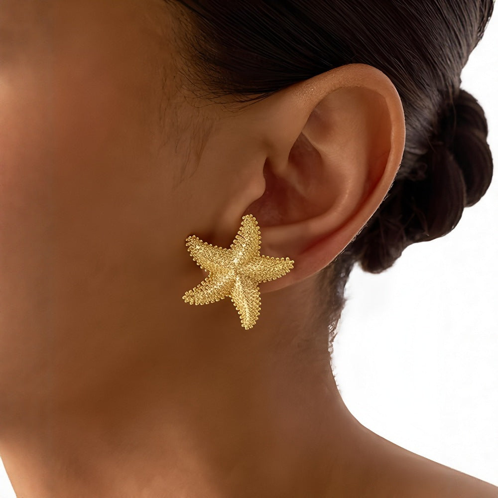 Textured 3D Starfish Stud Earrings, Vintage Granulated Ocean Style Star Jewelry Gold & Silver Vacation Accessories